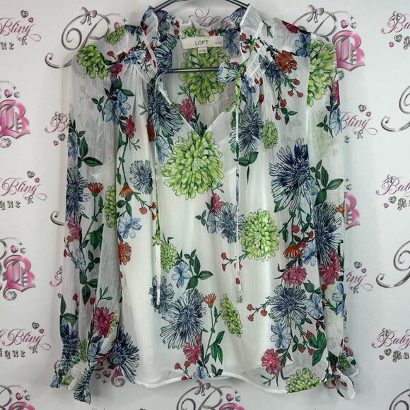 LOFT top shirt flowers ruffle collar Floral Blouse - Green, Blue, Red Accents